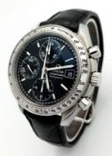 An Omega Speedmaster Automatic Chronograph Gents Watch. Black leather strap. Stainless steel