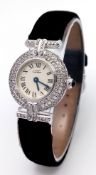 A Must de Cartier Diamond Ladies Quartz Watch. Velvet strap. Sterling silver plated case - 24mm.