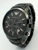 AN EMPORIO ARMANI, CHRONOGRAPH, BLACK DIAL AND BLACK BRACELET WATCH. MODEL AR 2454. LIGHT
