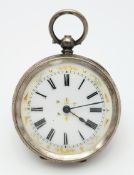 An Antique 935 Silver Ladies Pocket Watch. Decorative rear case. White dial with Roman numeral