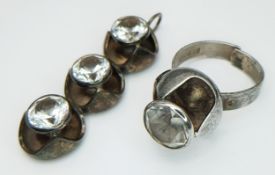 A vintage 925 silver matching set of stone set ring (Size L) and pendant (5cm) drop. Total weight
