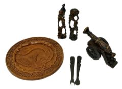 A mixed lot of carved wooden decorative items. Comprising a large carved wooden wall plaque
