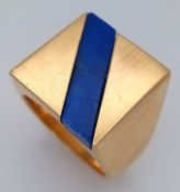 A Stylish 18K Yellow Gold Blue Enamel Signet Ring. Blue enamel diagonal stripe. Size K 1/2. 22.2g.