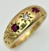 Antique 18 CARAT GOLD, DIAMOND and RUBY ‘GYPSY’ RING. Chester Hallmark. 3.66 Grams. Size O.