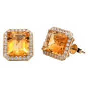 A Pair of 9K Yellow Gold Citrine Diamond Earrings. Emerald Cut Citrine Gemstones Surrounded by Fifty