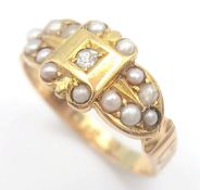 AN 18K YELLOW GOLD, ANTIQUE, DIAMOND AND PEARL SET RING. 3.4G, SIZE O. TAN 2004