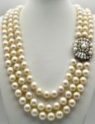 A Beautiful Three Row Freshwater Pearl Necklace with a Gorgeous 18K White Gold (tests as) and