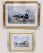 Two framed prints of steam trains. The Sir Nigel Gresley and Wadebridge. Frames, 66cm x 51cm. The