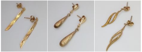 3 x PAIRS of 9 CARAT GOLD EARRINGS. DROP STYLE. Complete with Gold Backs. Please see pictures.