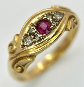 AN 18K YELLOW GOLD, ANTIQUE, DIAMOND AND RUBY SET RING. 4G, SIZE N. TAN 2011