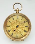 An Antique 18K Gold Cased, Open-Face Fob Watch. Decorative exterior case (35mm diameter) engraving