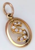A 9K YELLOW GOLD, DIAMOND SET, INITIAL S, CHARM / PENDANT. 0.7G. S/A 1561 - 1
