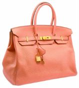An Hermes Birkin 35 Crevette Swift Leather Handbag. Crevette pink Swift leather exterior with gold-