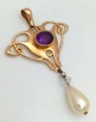 Vintage 9 CARAT GOLD, VICTORIAN STYLE DROP PEARL PENDANT with AMETHYST CENTRE DETAIL. 3.3 Grams.