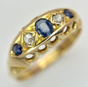 AN 18K YELLOW GOLD, ANTIQUE, DIAMOND AND SAPPHIRE SET RING. 3.1G, SIZE P. TAN 2001