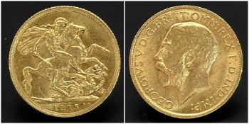 A 1915 George V Full Gold Sovereign coin. 22K Gold. Good definition.
