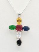 A Pretty Sterling Silver Gem Set Cross Pendant Necklace- 46cm Length chain. The cross measures 3cm
