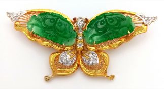 The Butterfly Queen! An 18K Yellow Gold, jade, diamond and ruby butterfly that can be worn as a