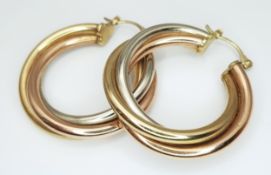 A Pair of 9K Tri-Coloured Crossover Gold Hoop Earrings. 6.95g total weight. 3.5cm.