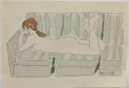 A Japanese Woodblock Print by Kiyoharu Sone (1930 - ). Depicting a nude woman on a sofa. Signed