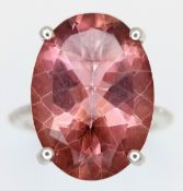 An Eye-Catching Sterling Silver and Morganite Set Ring Size R. The Ring is set with a large 18 x