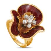 An 18K Yellow Gold 0.30ct Diamond and Enamel Flower Ring. Set in 18K Yellow Gold, it features a