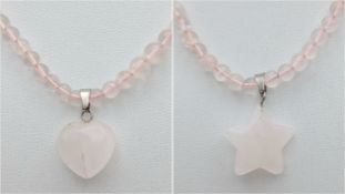 Two Rose Quartz Necklaces. Heart and star shaped pendants. 50cm and 46cm. MK26.