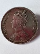 1862 SILVER RUPEE coin. Extra fine with clear detail. Converted to a BROOCH. Please see pictures.
