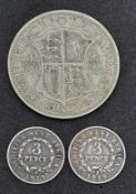 A 1936 Silver Half Crown Plus Two Silver Three Pence Coins - Both 1919.