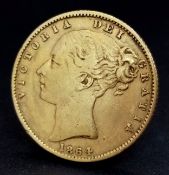 AN 1864, QUEEN VICTORIA, BUN HEAD, SHIELD BACK, FULL SOVEREIGN COIN. 22K GOLD. 10117