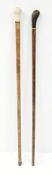Two Antique Walking Sticks. Both having shades of brown hardwood shafts with bulbous Hard Bone