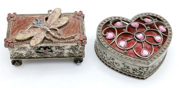 2x decorative trinket boxes. The heart-shaped box features a pewter-toned filigree lid set with pink