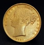 AN 1881, QUEEN VICTORIA, YOUNG HEAD, SHIELD BACK, SYDNEY MINT, FULL SOVEREIGN COIN. 22K GOLD. C