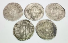 Five Silver Arab-Sasanian Dracm/Dirham Coins. Minted c. late 7th century. Please refer to photos for