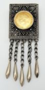 A George V Full 22K Gold Sovereign Coin - Set in an antique silver ornate square brooch/pendant.