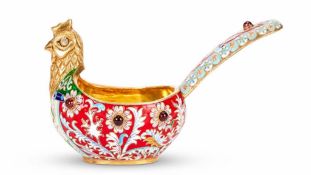 A SILVER GILT, CLOISONNE ENAMEL AND GEM SET RUSSIAN STYLE BIRD KOVSHthe interior of the bowl