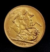 A 1910, KING EDWARD VII, FULL SOVEREIGN COIN. 22K GOLD. 9795