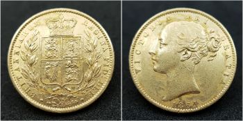 AN 1864, QUEEN VICTORIA, YOUNG HEAD, SHIELD BACK, DIE NUMBER 74. FULL SOVEREIGN COIN. 22K GOLD.