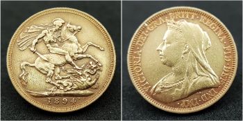 An 1894 Queen Victoria Full Sovereign Coin. 22k Gold.