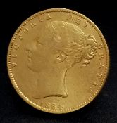 AN 1864, QUEEN VICTORIA, YOUNG HEAD, SHIELD BACK, FULL SOVEREIGN COIN. 22K GOLD. 9998
