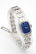 A LADIES, SEIKO, MANUAL WIND, BLUE DIAL, STEEL BRACELET WATCH WITH SAFETY CHAIN. S/A 1655 - 5
