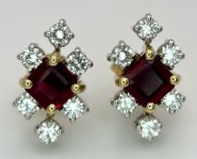 A Delightful Pair of 18K Gold, Ruby and Diamond Dress Stud Earrings. 0.50ctw of square cut high