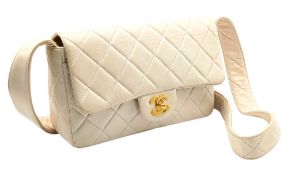 A Chanel Cream Quilted Lambskin Single Flap Shoulder Bag. Cream diamond-quilted lambskin leather