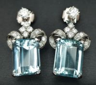 A Stunning Pair of 18K White Gold Aquamarine and Diamond Drop Earrings. c.16ctw of high-grade