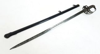 An 1827 Rifle Officers Sword. Crowned, strung bugle cartouche hilt. Fish-skin grip with inlaid wire.