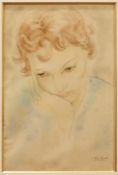 "Pensive Girl" by Alix Ayme, 35,5 x 25 cm, ink and color on silk. Perfect condition. Alix Ayme (