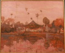 "Village Communal House Landscape" by No Name, 100 x 120 cm, Oil on canvas. Old painting; signed,