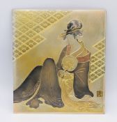 A Vintage Japanese Wall Art Featuring a Lady Figure. Gold and silver plated engraved copperplate.