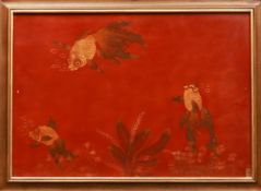 "Goldfish", 20th Century. 35 x 50 cm. Lacquer. Signed lower right. Artist unknown. This work is
