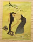 "Bathing Girl", 20th Century. 120 x 80. Colored ink on silk. Signed lower right. Artist unknown.